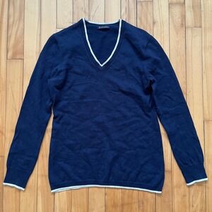 Brooks Brothers Navy Blue V-Neck Sweater White Contrast Trim Preppy Knit Medium